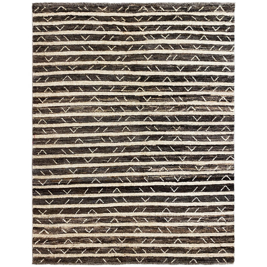 Kelim Gabbeh Teppich mit dunkelbraunem Grund und beigen, schmalen Linien-Mustern