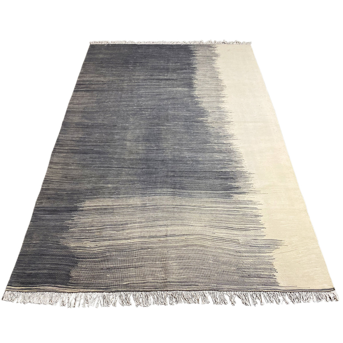 Kilim rug, widening toward the end, light and dark stripes, dark gray and cream, fringes