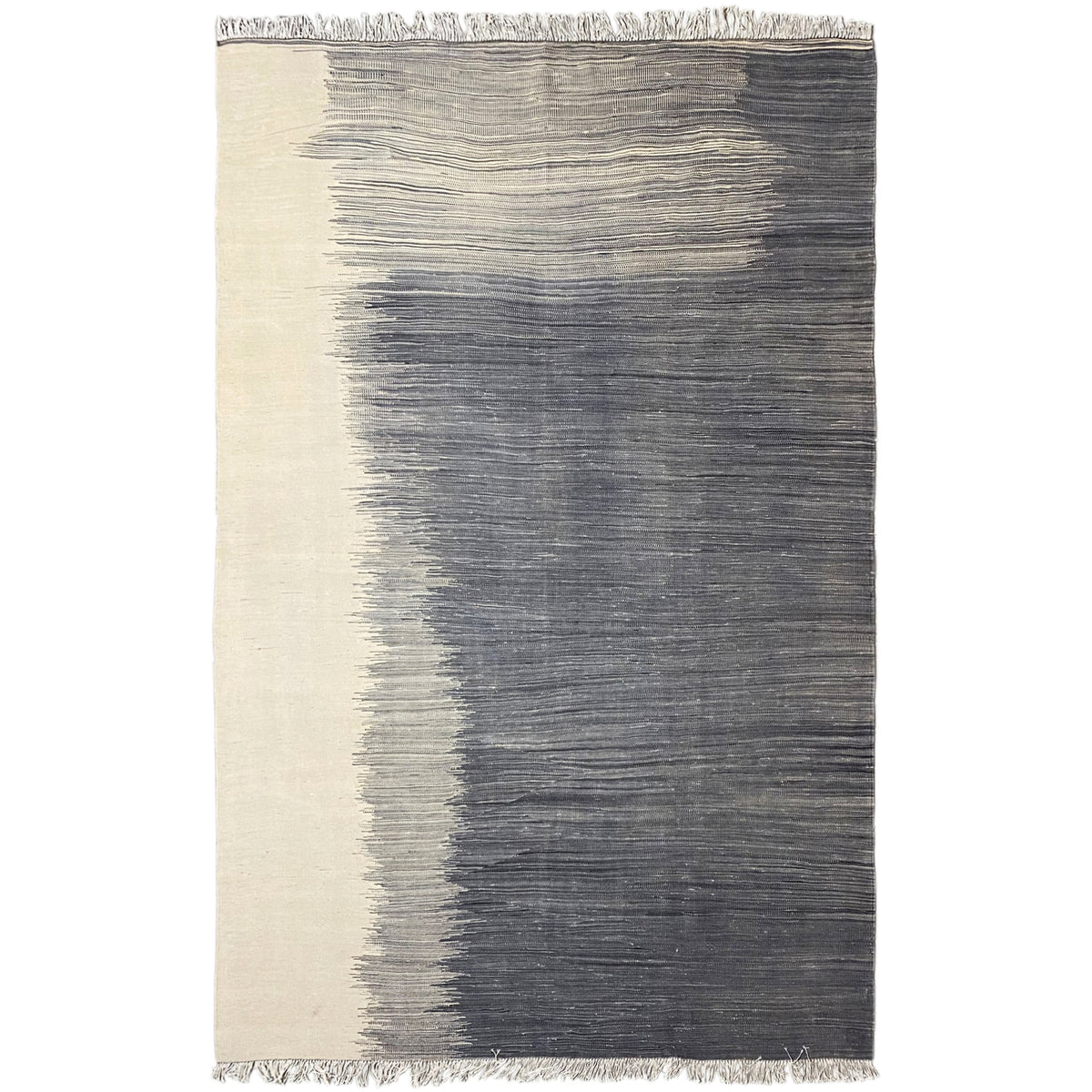 Kilim rug with light and dark stripes, dark gray/cream, with fringes