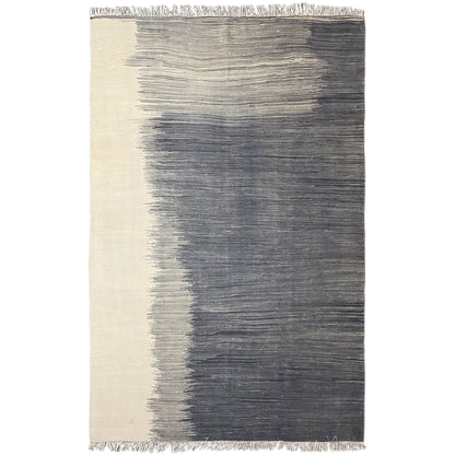 Kilim rug with light and dark stripes, dark gray/cream, with fringes