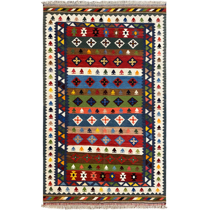 Kelim-Teppich 228×128 cm mit mehrfarbigem geometrischem Muster und Fransen am Rand