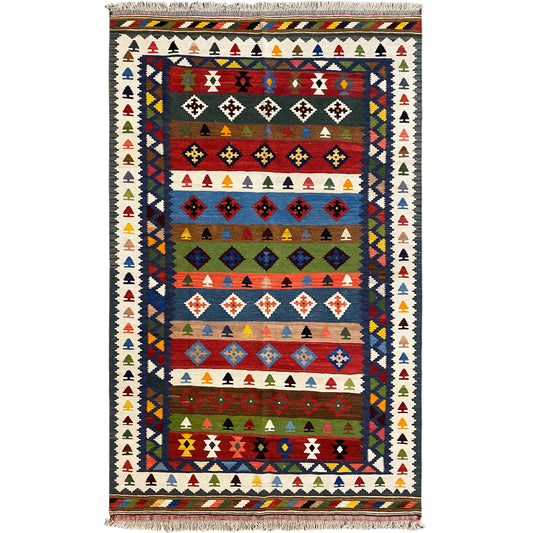 Kelim-Teppich 228×128 cm mit mehrfarbigem geometrischem Muster und Fransen am Rand