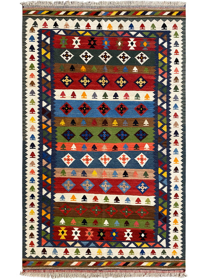 Kelim-Teppich 228×128 cm frontal: geometrische Ornamente in vielen Farben, mit Fransen