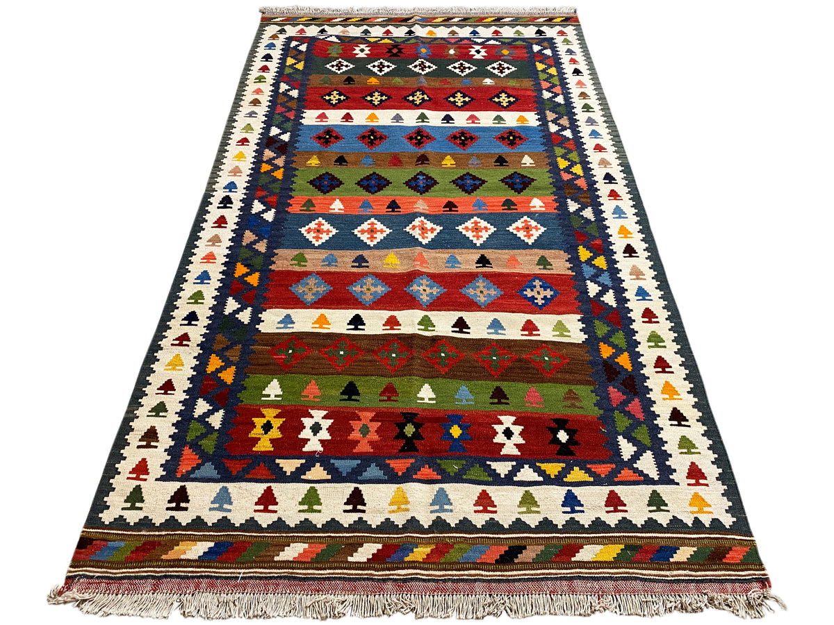 Kelim-Teppich 228×128 cm mit Streifenbordüre, kräftige Farben, Fransen am Saum