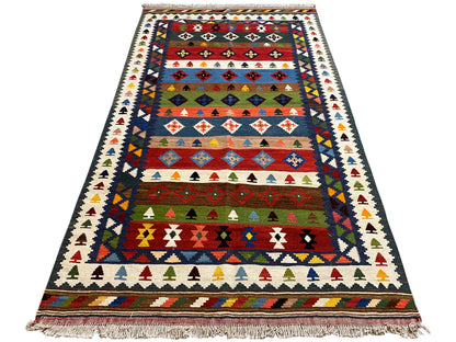 Kelim-Teppich 228×128 cm mit Streifenbordüre, kräftige Farben, Fransen am Saum