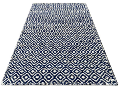 Kelim-Teppich mit Diamantmuster, blau-weiß, mit Fransen, 60x90 cm