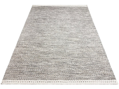Rectangular light gray flat-woven kilim rug with dot pattern and bound edges