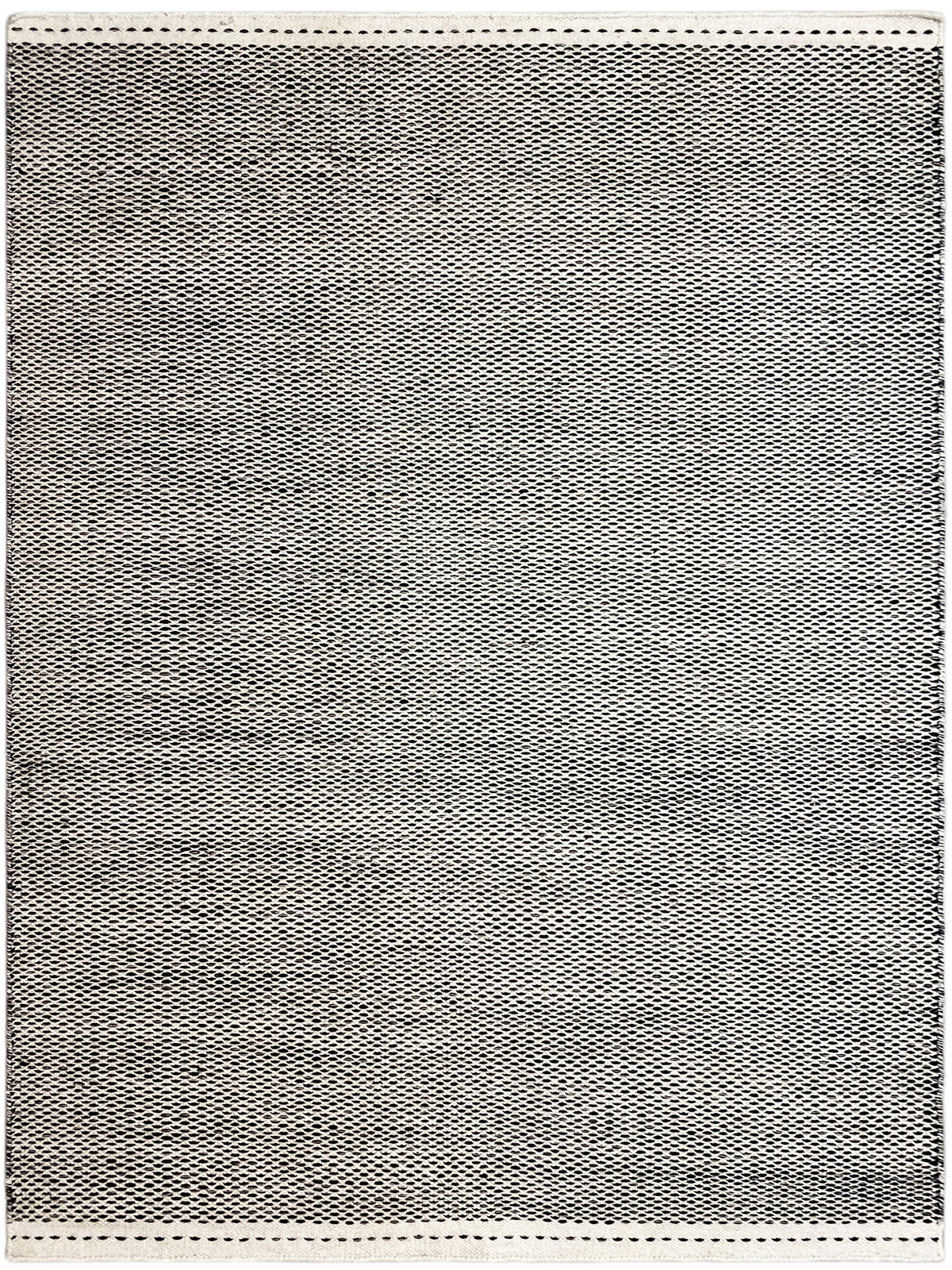 Kilim rug with a fine, dark woven pattern and light decorative stitching along the edges