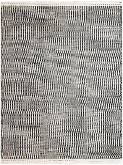 Kilim rug with a fine, dark woven pattern and light decorative stitching along the edges