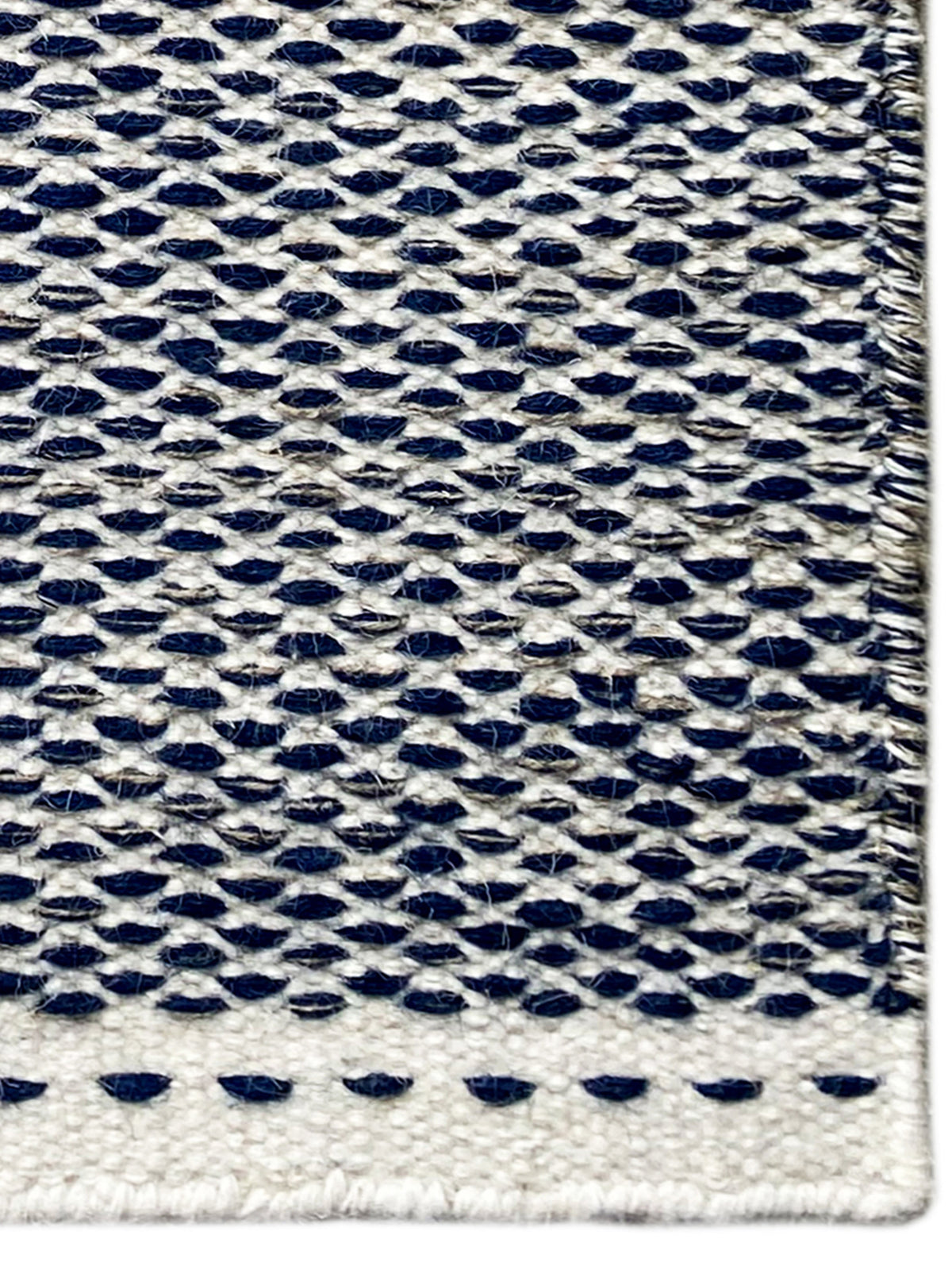 Blauer Kelim-Teppich 60x90 cm Nahansicht: blaues Raster, gepunktete Zierkante