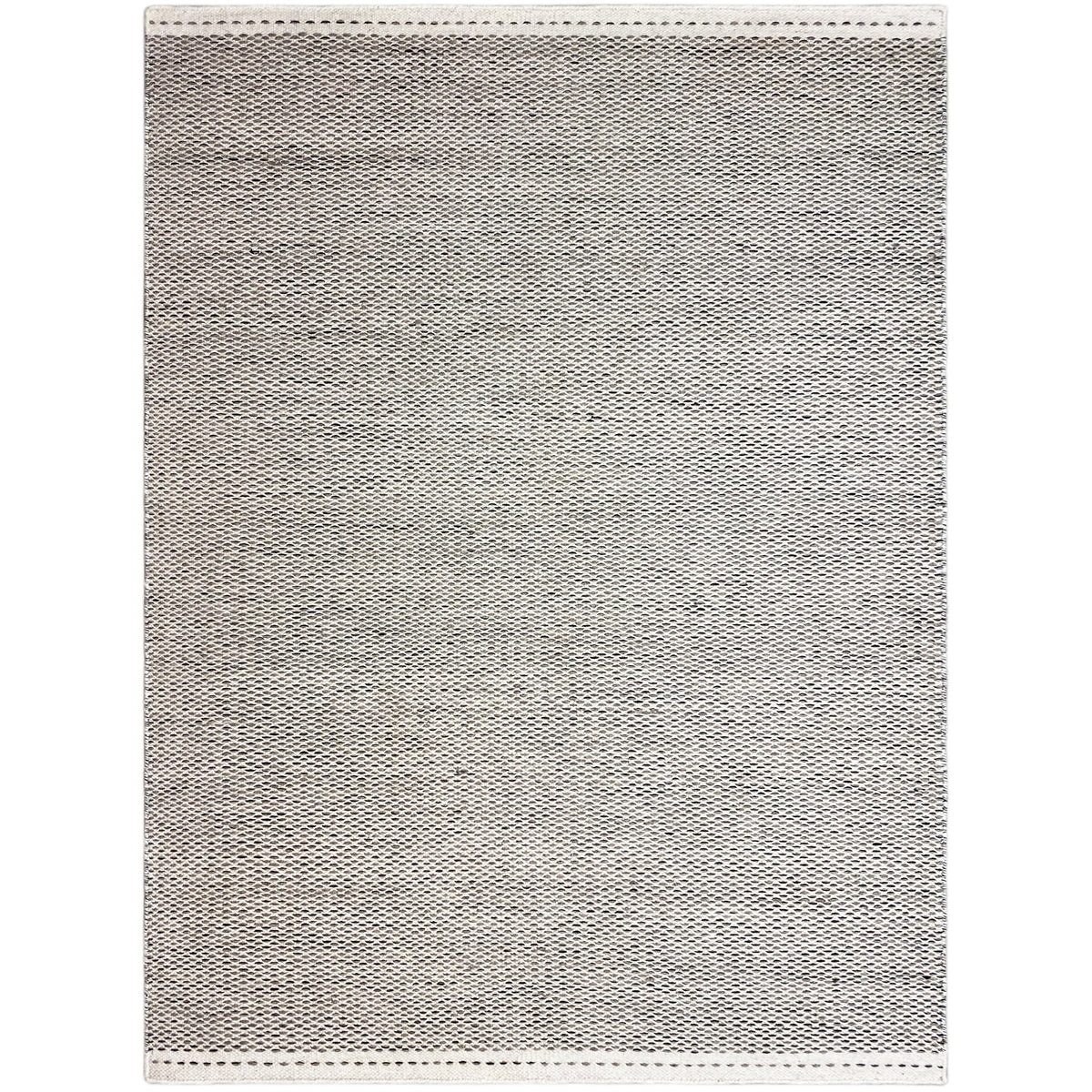 Silver rectangular kilim rug with an even woven pattern and bordered edge