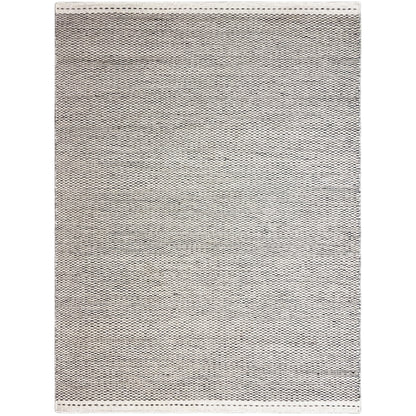 Silver rectangular kilim rug with an even woven pattern and bordered edge