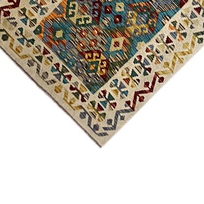 Rug runner corner with bold decorative ornament and colorful relief stitching