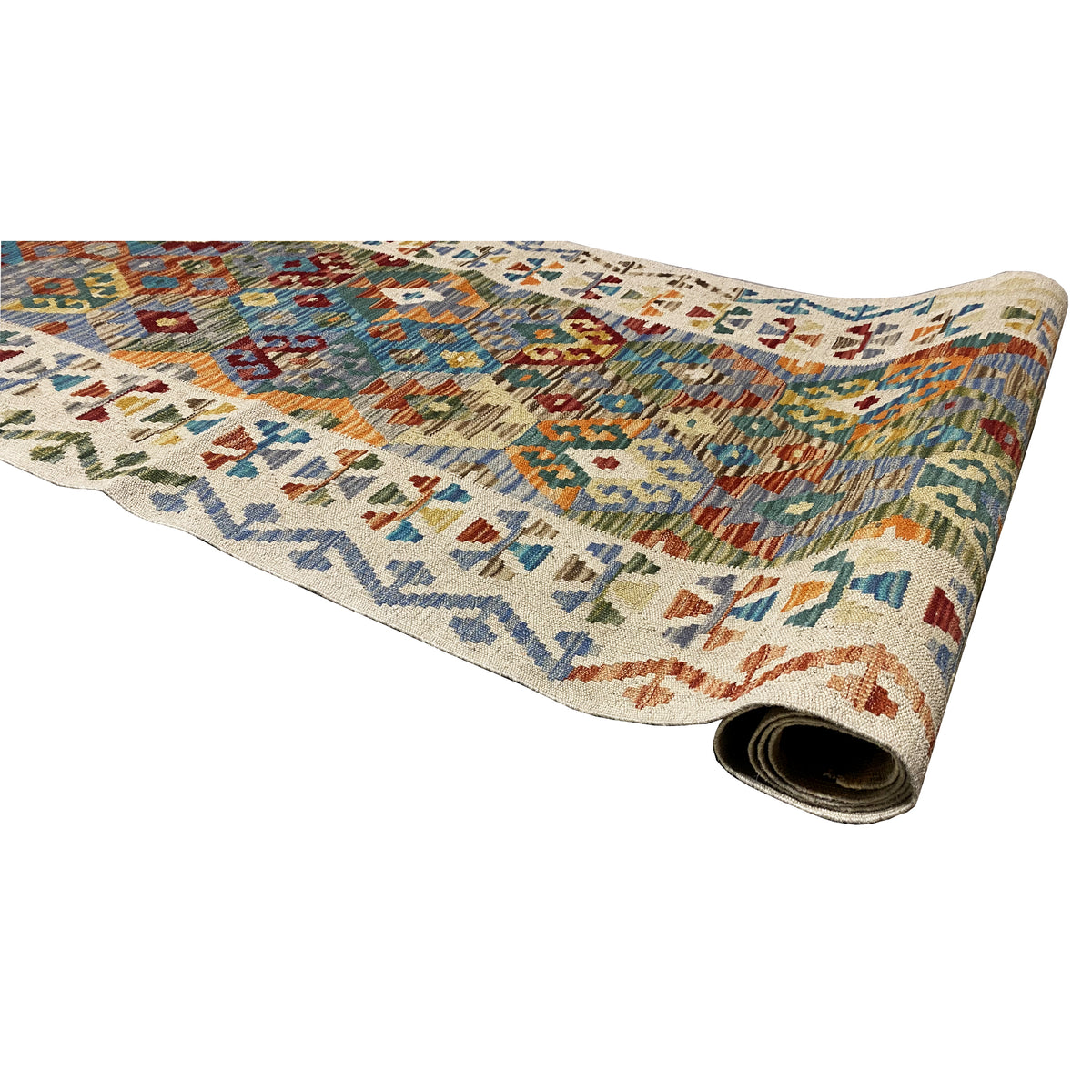Kilim runner with the underside visible at the twisted end, featuring a colorful pattern