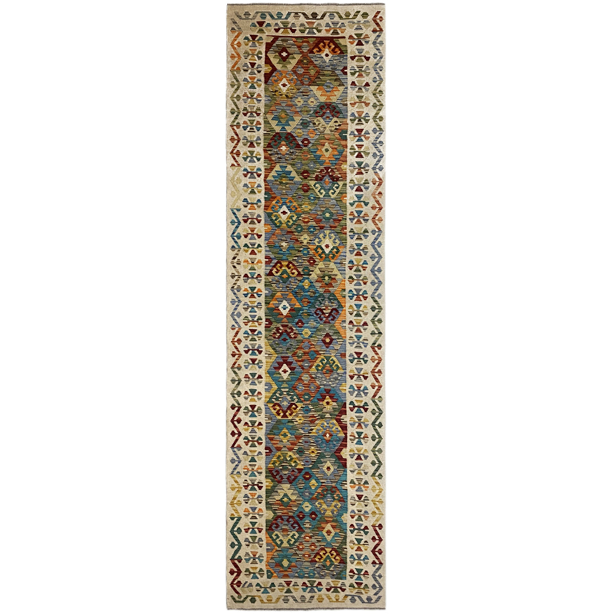 Afghan-style kelim runner with multicolored pattern, rectangular, with a surrounding border