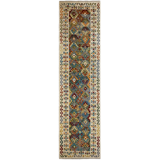 Afghan-style kelim runner with multicolored pattern, rectangular, with a surrounding border