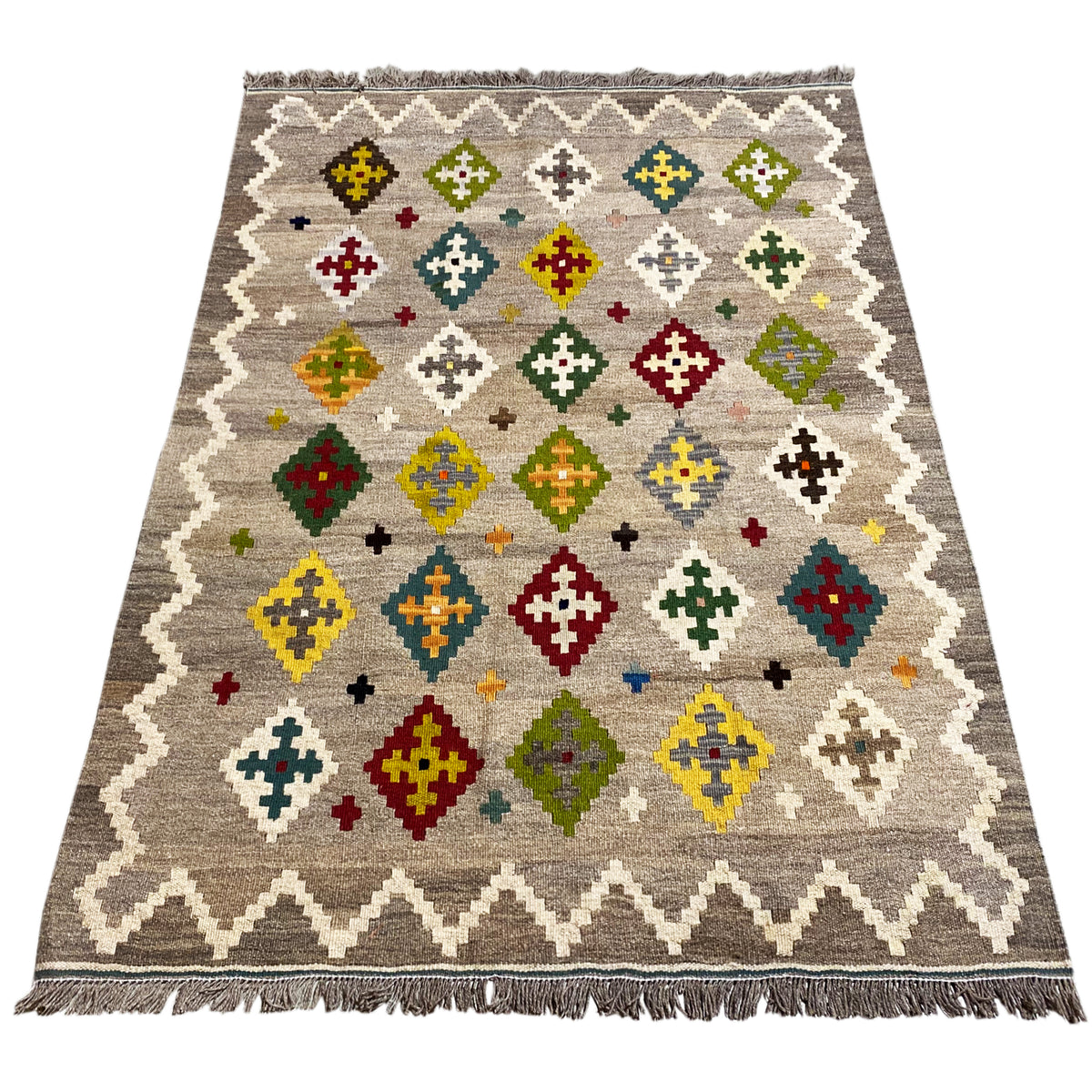 Kilim rug with zigzag border, colorful cross and diamond motifs, approx. 146x100 cm