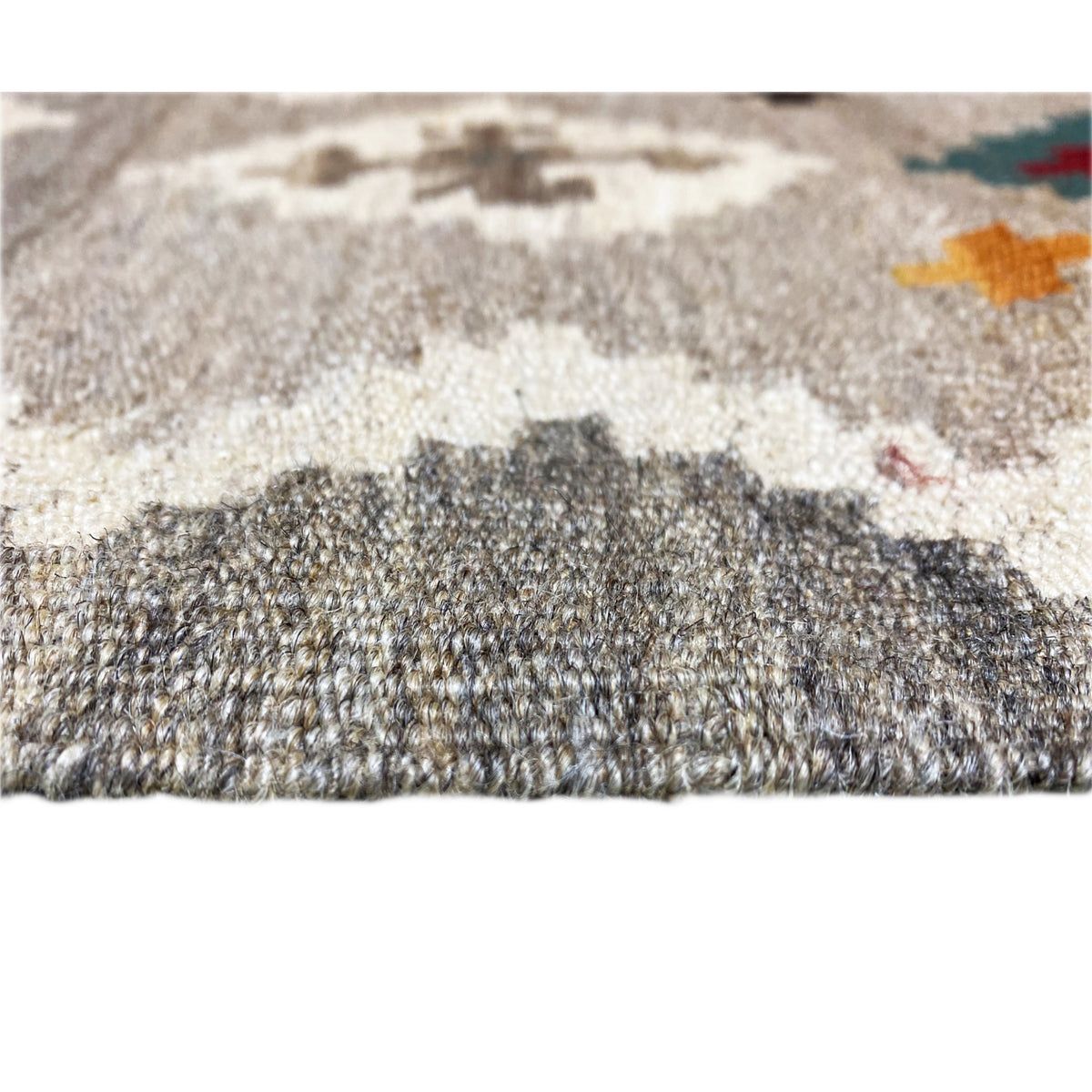Kilim rug with fringes and a dense pile, gray-beige with individual color accents