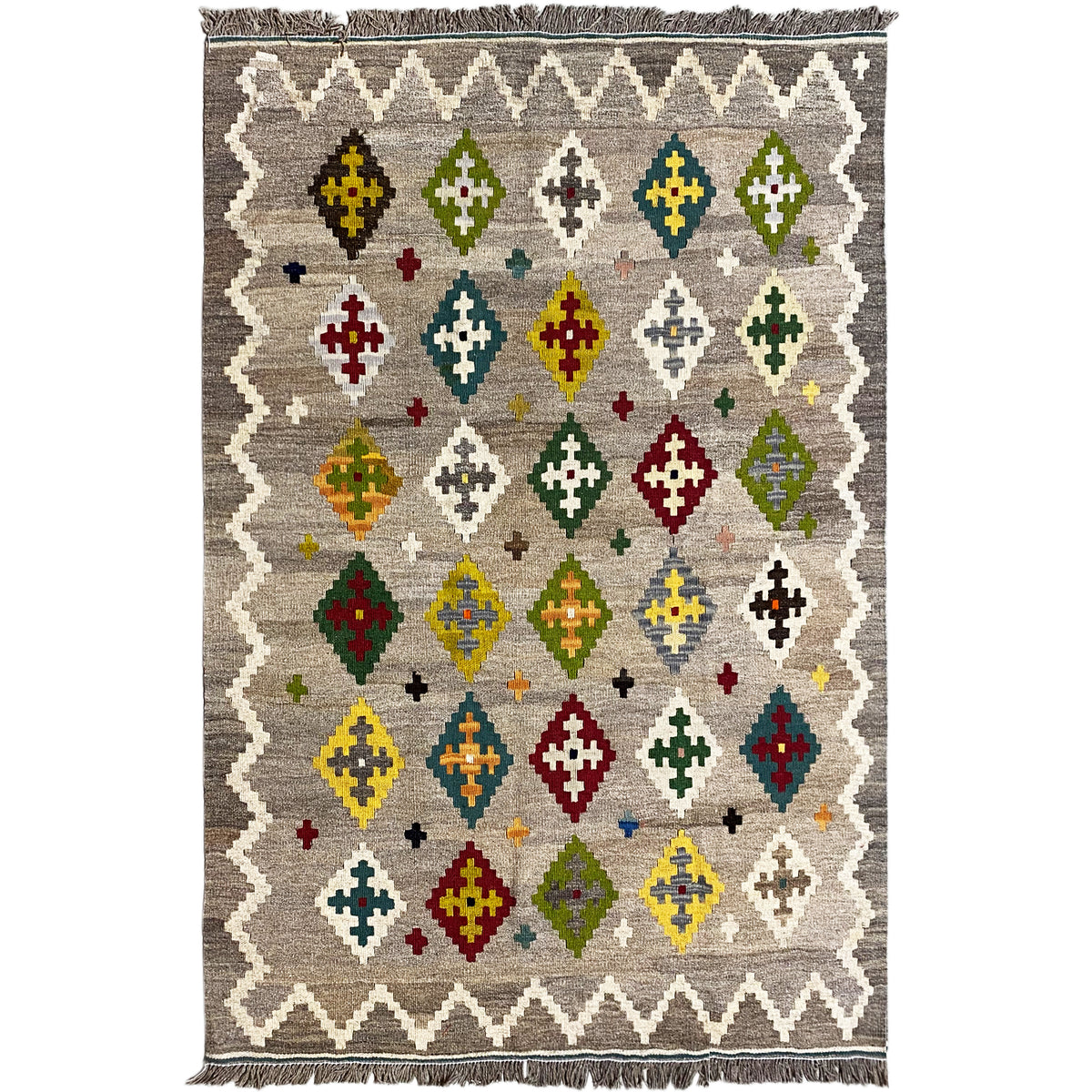 Kilim rug with zigzag border and colorful diamond/cross motifs, approx. 146x100 cm