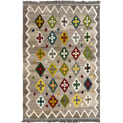 Kilim rug with zigzag border and colorful diamond/cross motifs, approx. 146x100 cm