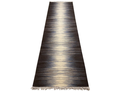 Kelim-Teppich 300x80 cm, schmaler Zuschnitt mit dunkelbraunen, beige- und blaugrauen Mustern