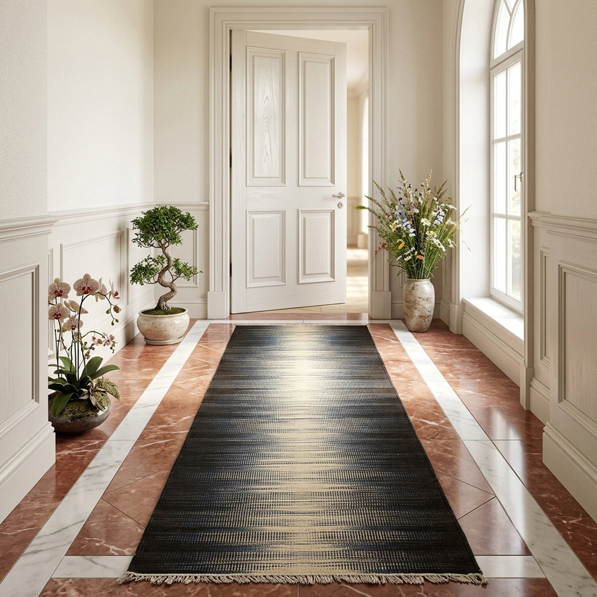 Kelim-Teppich 300x80 cm im Flur: dunkelbraune Streifenfläche mit beigen Akzenten, Fransen