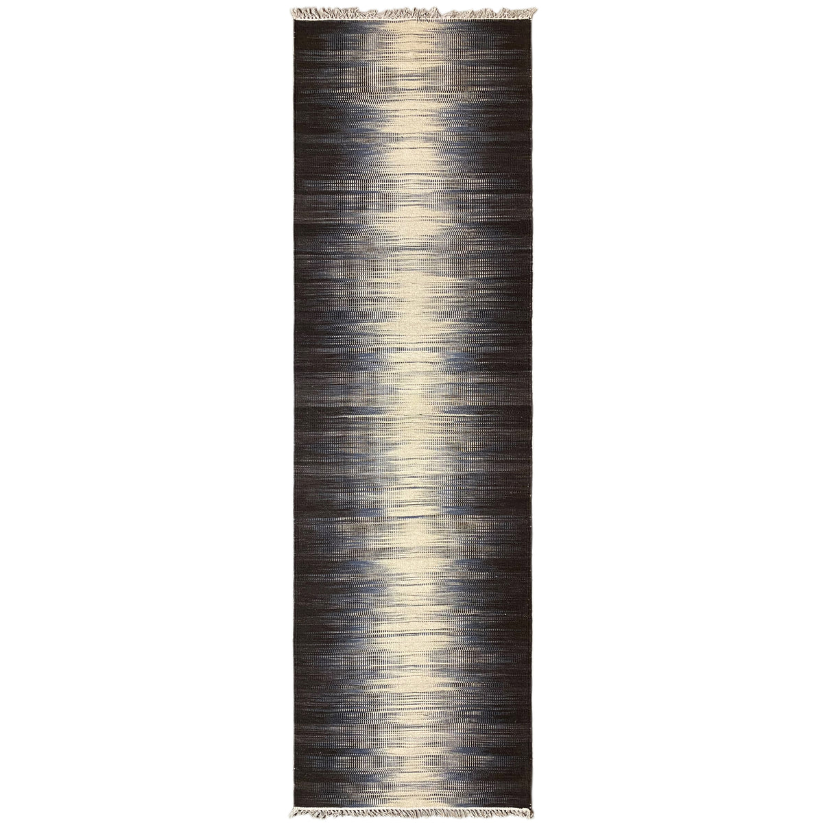 Kelim-Teppich 300x80 cm, dunkelbraun mit beigen und blaugrauen Streifen, Fransen