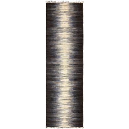 Kelim-Teppich 300x80 cm, dunkelbraun mit beigen und blaugrauen Streifen, Fransen