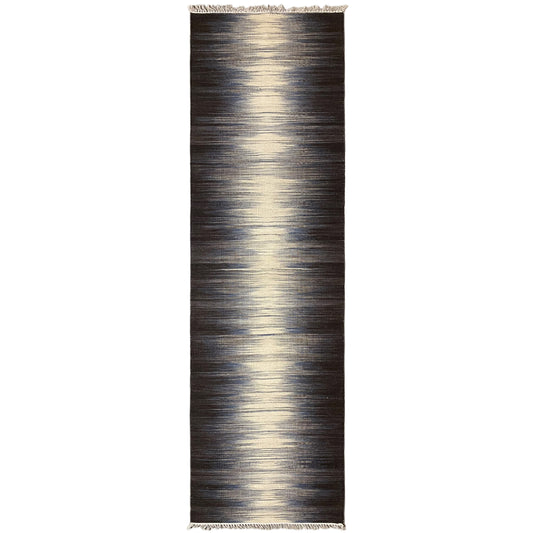 Kelim-Teppich 300x80 cm, dunkelbraun mit beigen und blaugrauen Streifen, Fransen
