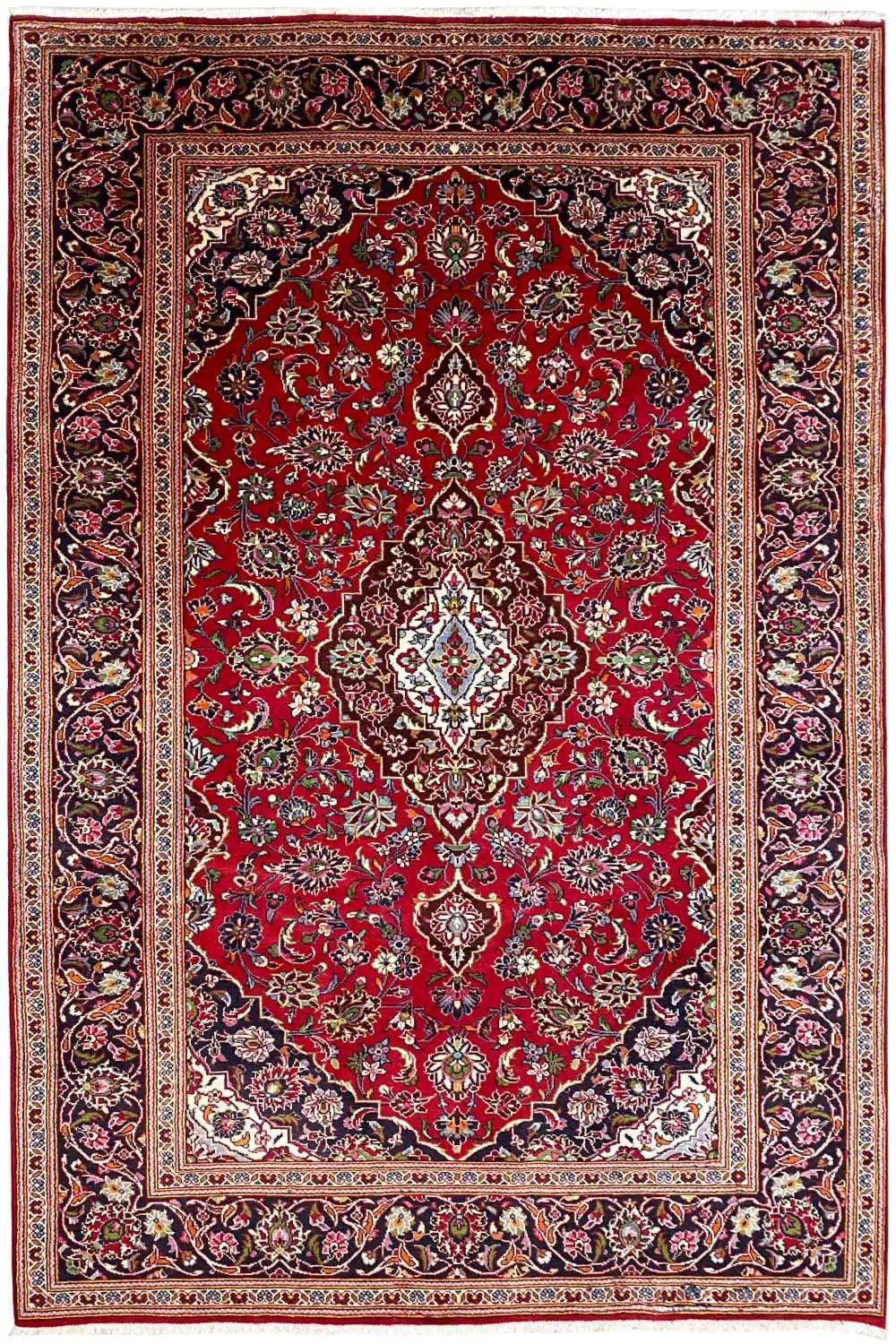 Rug with a red central field, white and beige medallions, and a multicolored border stripe