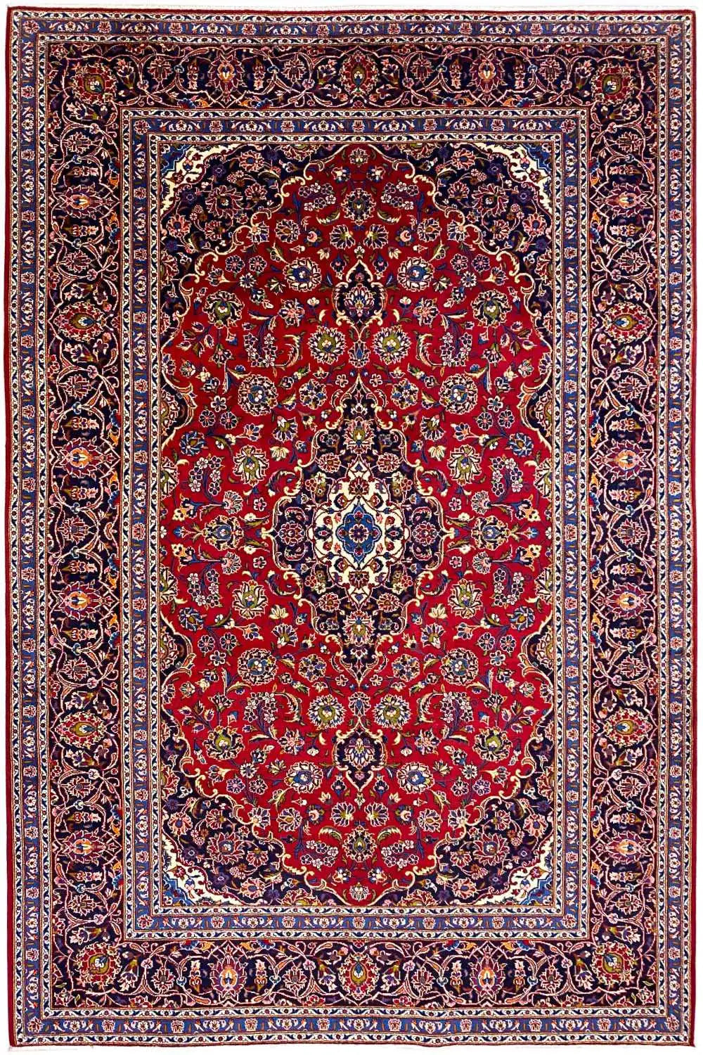 Red Oriental rug with a red central medallion and a blue ornamental border