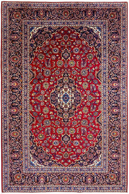 Red Oriental rug with a red central medallion and a blue ornamental border