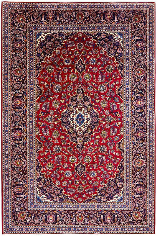Red Oriental rug with a red central medallion and a blue ornamental border