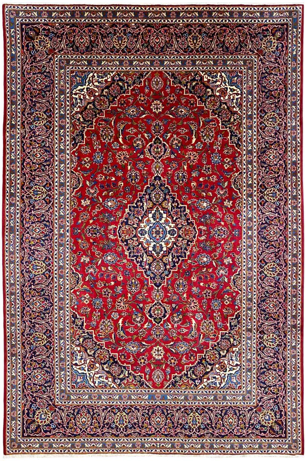 Rug with a red central medallion, dark border, and richly decorated edging