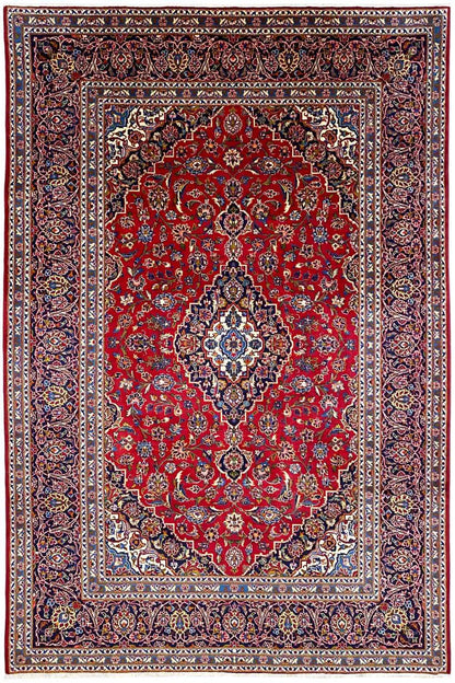 Rug with a red central medallion, dark border, and richly decorated edging