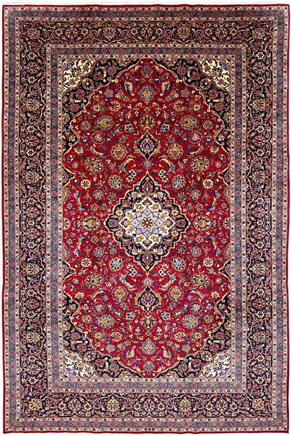 Rug with a red central medallion, a wide border, and countless tiny ornaments