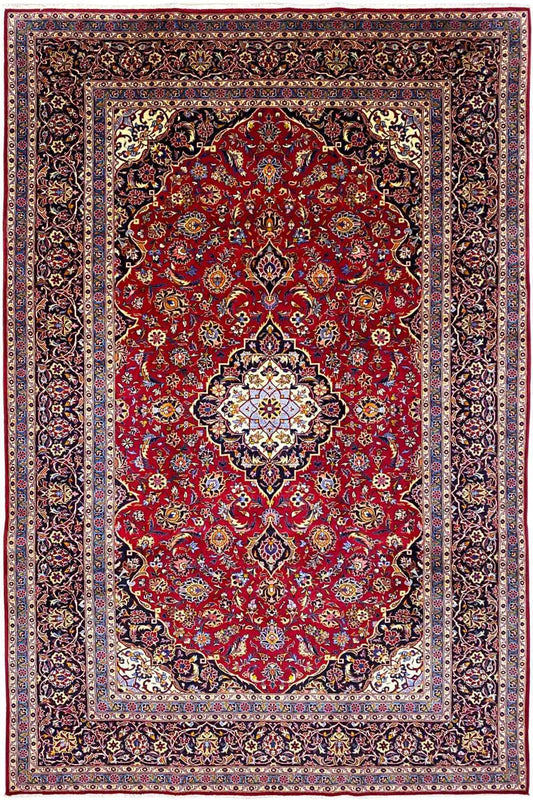 Rug with a red central medallion, a wide border, and countless tiny ornaments