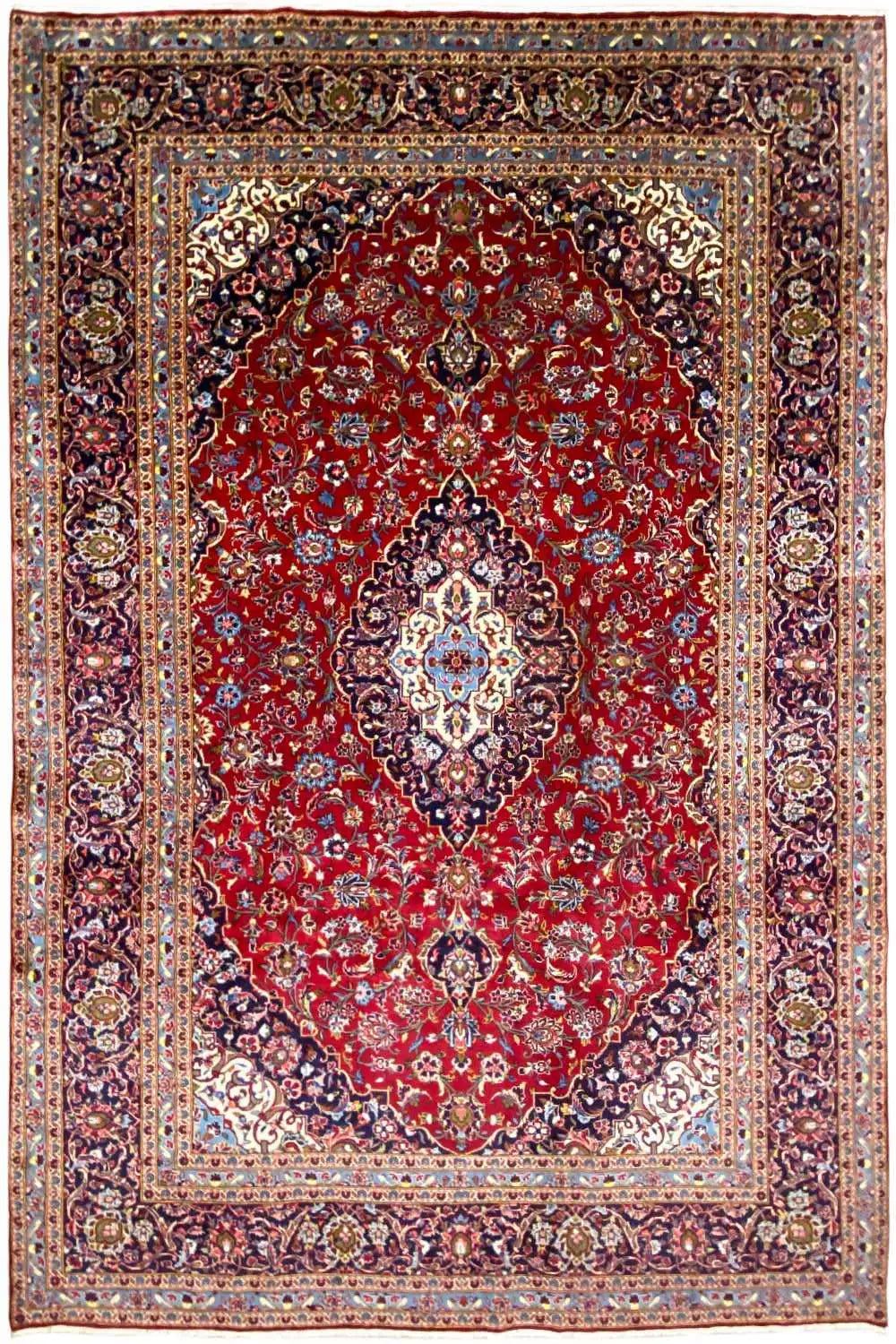 Straight Keshan rug in red with a central medallion and varied ornamental border.