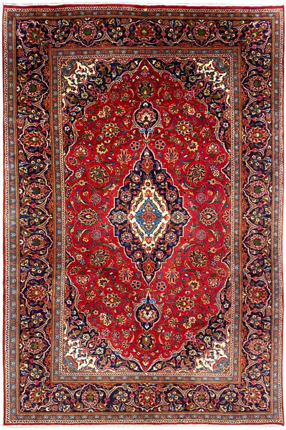 Rectangular oriental rug with a red medallion, dark edges, and borders