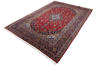 Keshan rug 296x204 cm, diagonal pattern with a red field and blue border