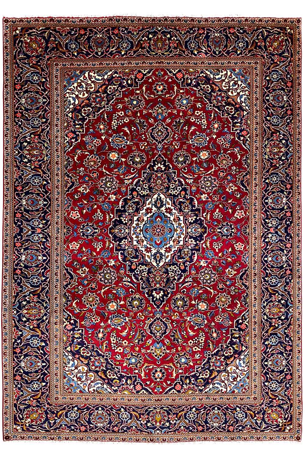 Keshan rug 295x194 cm with red medallion, blue border and ornaments