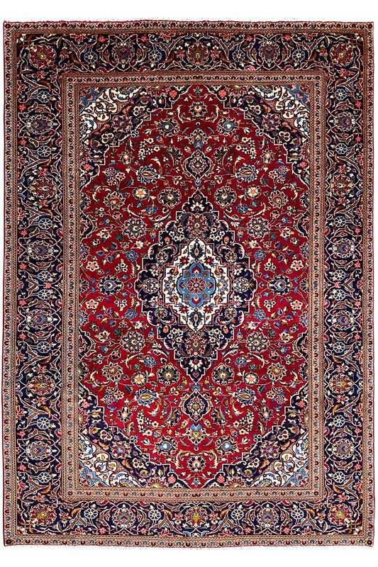 Keshan rug 295x194 cm with red medallion, blue border and ornaments