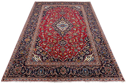 Keshan oriental rug 286x195 cm, red all-over pattern with a dark border edge