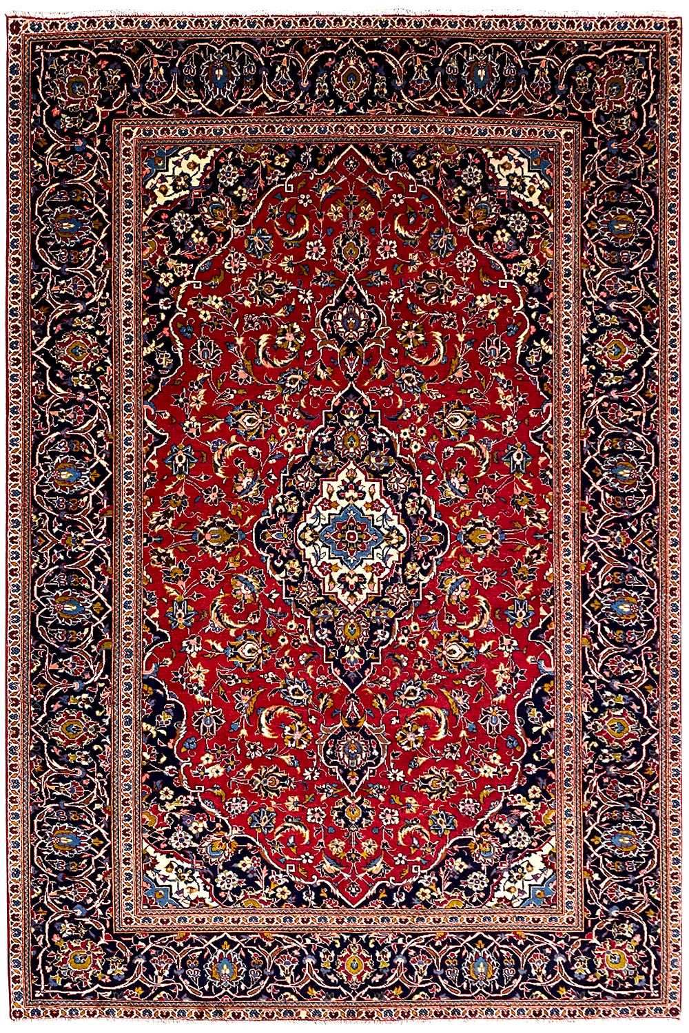 Keshan oriental rug 286x195 cm with a red pattern and blue border