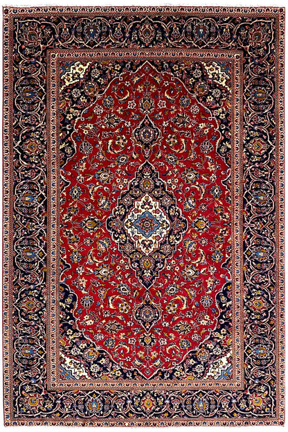 Keshan oriental rug 286x195 cm with a red pattern and blue border