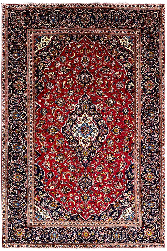 Keshan oriental rug 286x195 cm with a red pattern and blue border