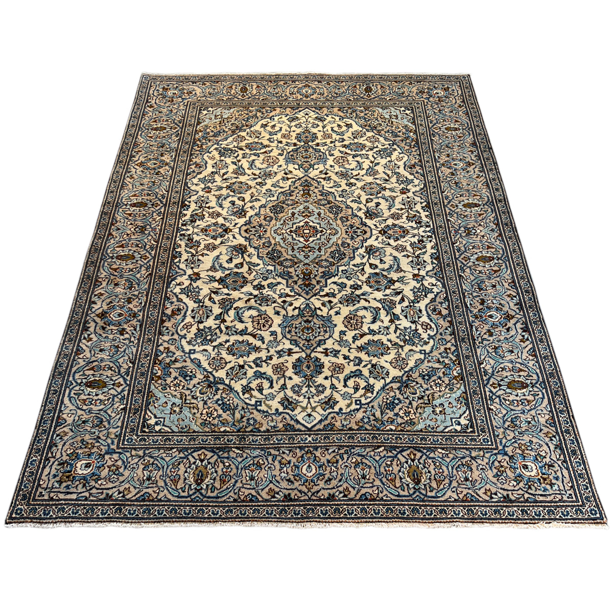 Keshan rug 294x194 cm, rectangular, blue-and-white medallion in an ornamental border