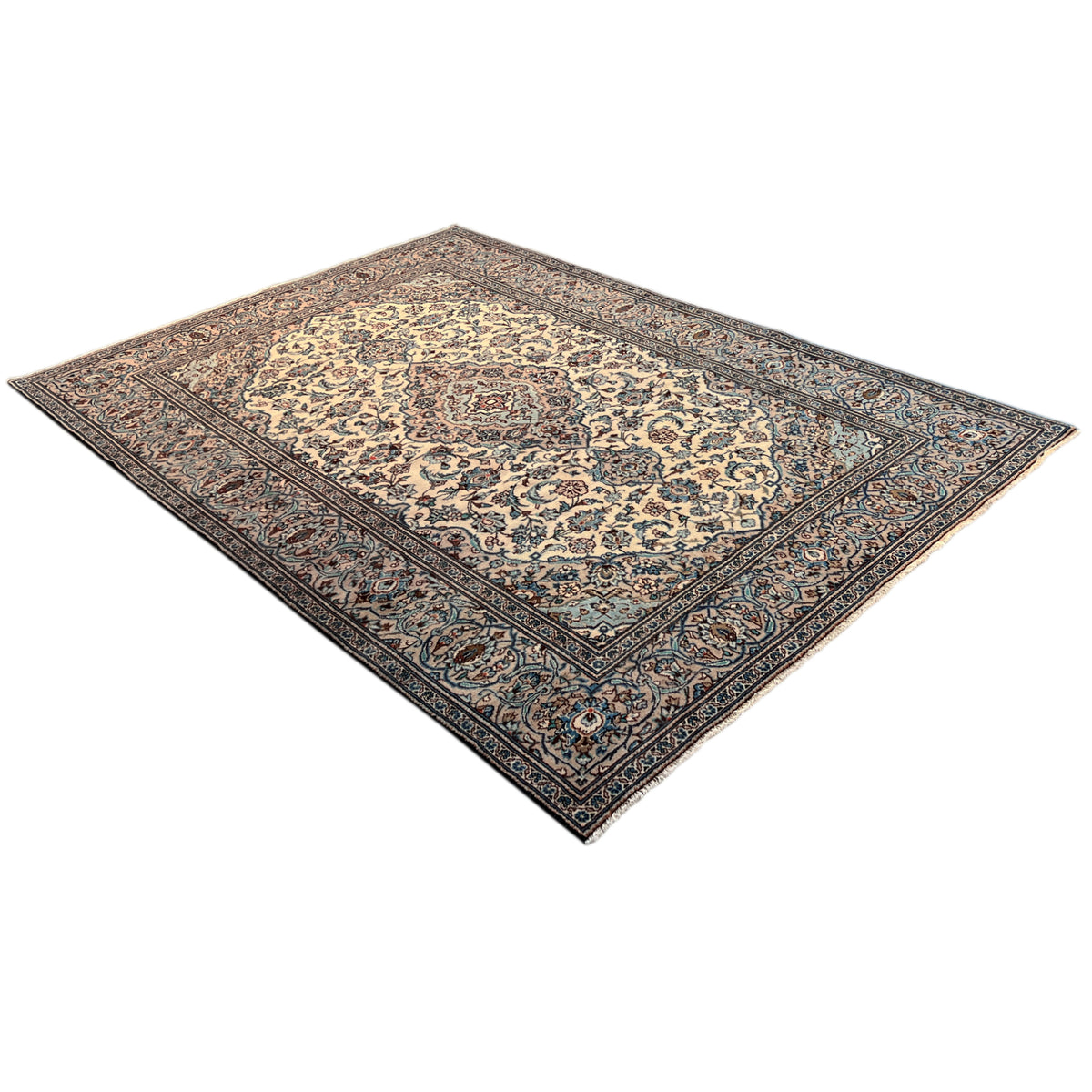 Keshan rug 294x194 cm in shades of brown and blue with a fine ornamental pattern
