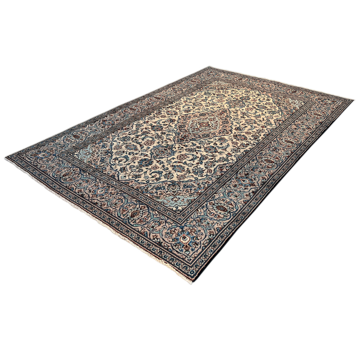 Keshan rug 294x194 cm, lying at an angle, blue and brown paisley and vine pattern