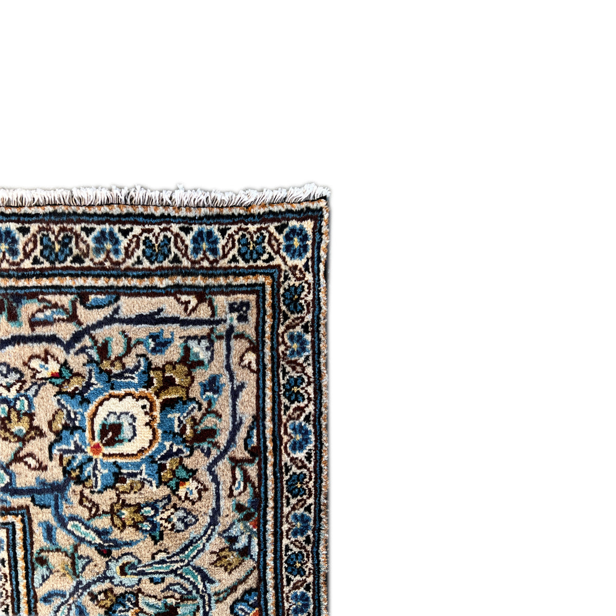 Keshan rug 294x194 cm, border detail with blue ornament and light accents